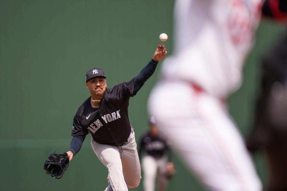 New York Yankees starting pitcher Nestor Cortes thows in the first inning of a spring training baseball game against the Minnesota Twins in Fort Myers, Fla., Saturday, March 9, 2024. (AP Photo/Gerald Herbert)