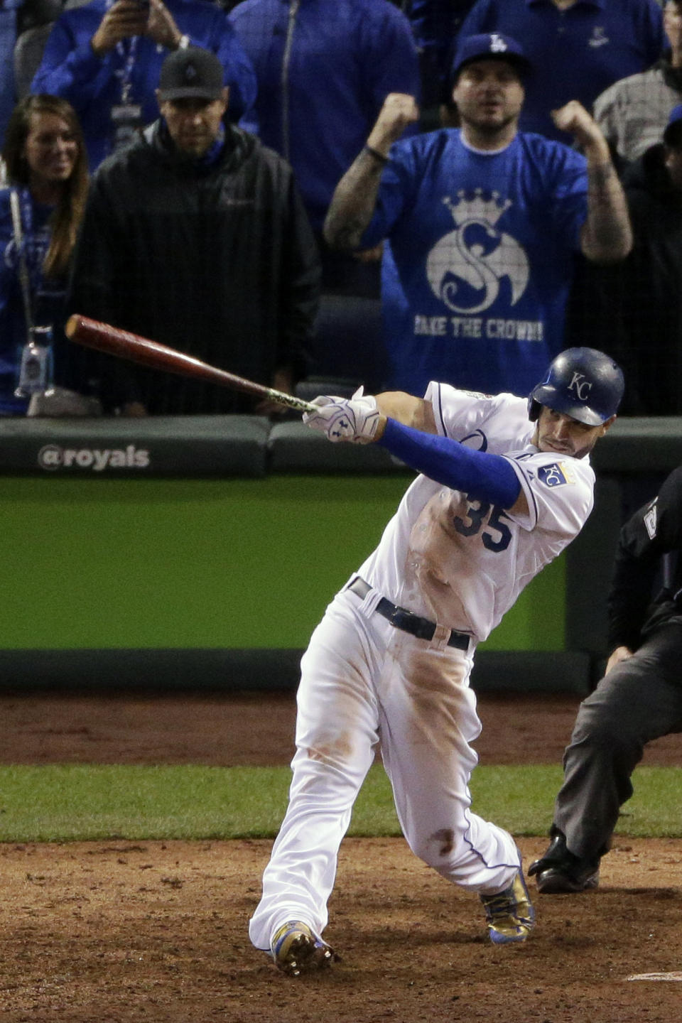 FILE - Kansas City Royals' Eric Hosmer watches his game winning sacrifice fly ball during the 14th inning of Game 1 of the Major League Baseball World Series against the New York Mets Wednesday, Oct. 28, 2015, in Kansas City, Mo. The Royals won 5-4. Hosmer announced his retirement from baseball Wednesday, Feb. 21, 2024, following a 13-year career that included winning four Gold Gloves and helping lead Kansas City to victory in the 2015 World Series. (AP Photo/Charlie Riedel, File)