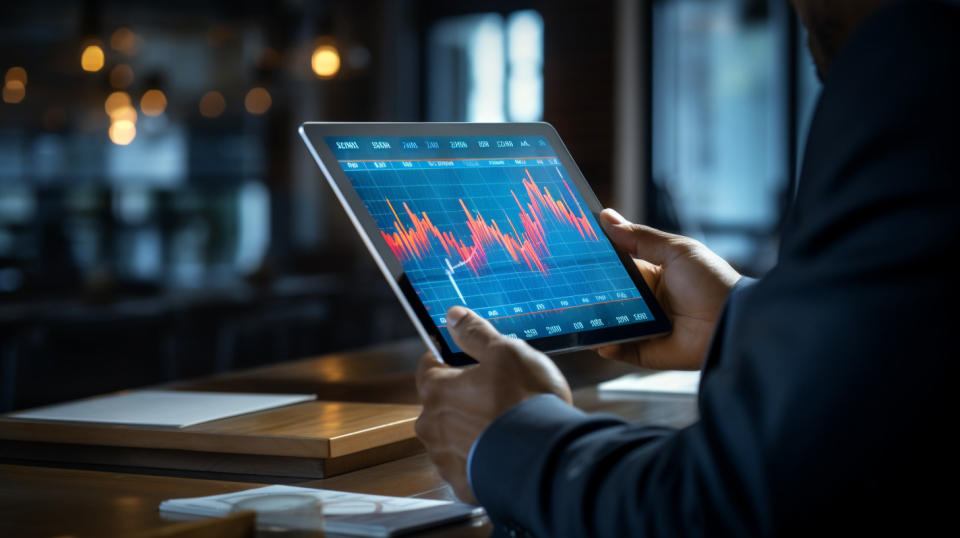 A data analyst analyzing statistics on a tablet computer, finding insightful solutions for clients.