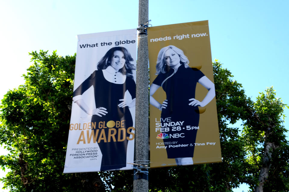 LOS ANGELES, CALIFORNIA - FEBRUARY 17: Signage advertising the Golden Globes hosted By Tina Fey and Amy Poehler, on February 17, 2021 in Los Angeles, California. (Photo by Frazer Harrison/Getty Images)