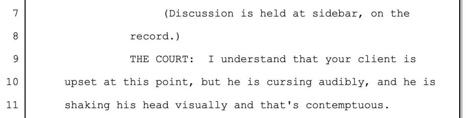 Part of the trial transcript showing the judge saying in a sidebar that Trump was cursing audibly.
