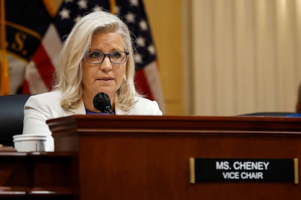 PHOTO: Rep. Liz Cheney, Vice Chairwoman of the House Select Committee to Investigate the January 6th Attack on the U.S. Capitol, delivers closing remarks during a prime-time hearing in the Cannon House Office Building on July 21, 2022, in Washington, D.C. (Tasos Katopodis/Getty Images)