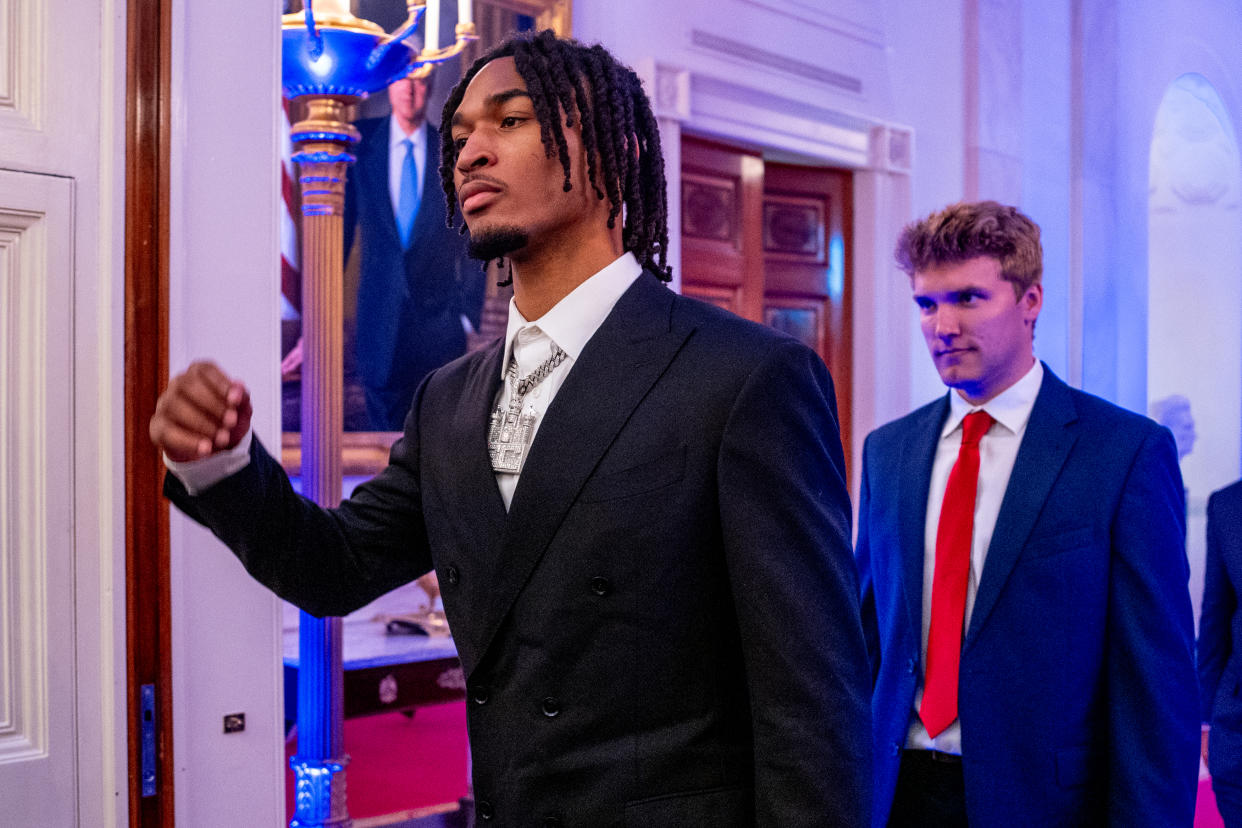 WASHINGTON, DC - SEPTEMBER 10: Guard Stephon Castle (L) and Guard Cam Spencer (R) arrive for a celebration of the 2023-2024 University of Connecticut Huskies Men's Basketball NCAA championship team in the East Room of the White House on September 10, 2024 in Washington, DC. The Huskies beat the Purdue Boilermakers 75-60 for their sixth NCAA Championship and their second championship in a row. (Photo by Andrew Harnik/Getty Images)