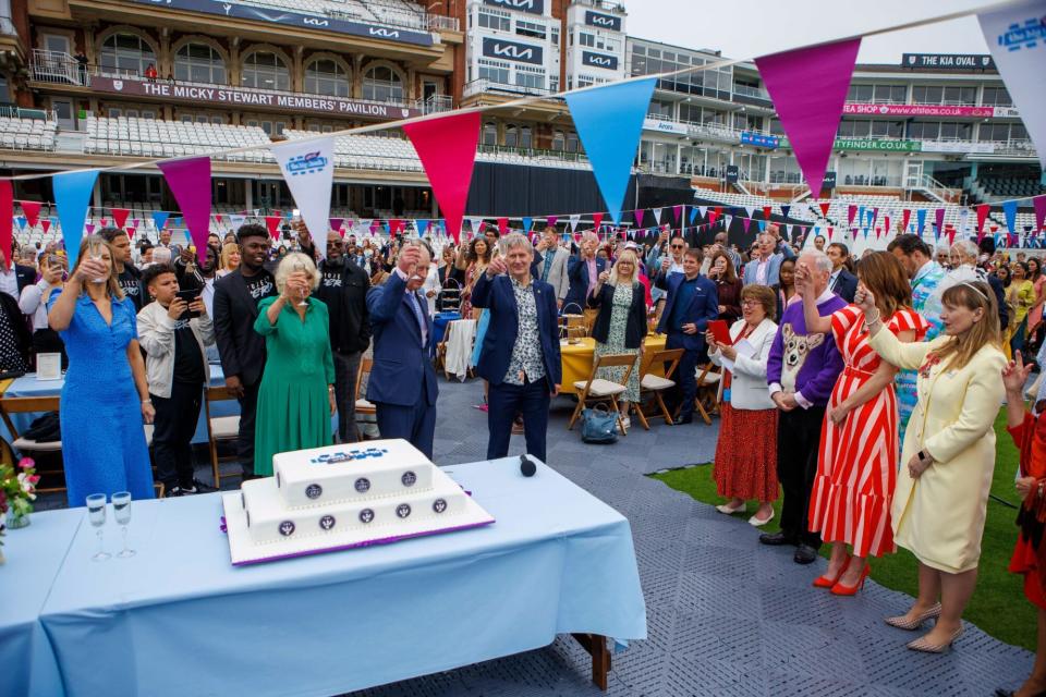 Mandatory Credit: Photo by Jamie Lorriman/WPA Pool/Shutterstock (12973322aj) In celebration of Her Majesty The Queen's Platinum Jubilee, Prince Charles and Camilla Duchess of Cornwall, as Patron of the Big Lunch, attend a Big Jubilee Lunch at The Oval, Kennington, London. Prince Charles and Camilla Duchess of Cornwall raise a toast to Mer Majesty the Queen on the cricket pitch at the Oval, South London Big Jubilee Lunch at The Oval, Kennington, London, UK - 05 Jun 2022