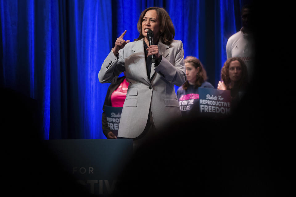 FILE - Vice President Kamala Harris speaks on reproductive freedom at Howard University on Tuesday, April 25, 2023, in Washington. Harris, the first woman and person of color in her position, will be put to the test as President Joe Biden seeks a second term. Although vice presidents are rarely decisive in reelection efforts, Harris is poised to be an exception. (AP Photo/Nathan Howard, File)