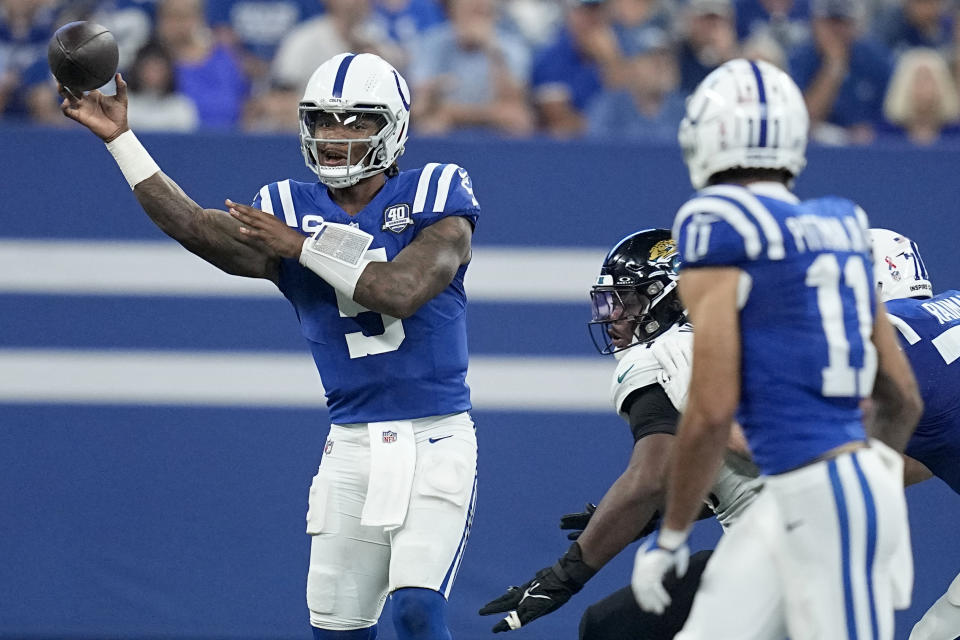 Indianapolis Colts quarterback Anthony Richardson (5) throws during the second half of an NFL football game against the Jacksonville Jaguars Sunday, Sept. 10, 2023, in Indianapolis. (AP Photo/Darron Cummings)