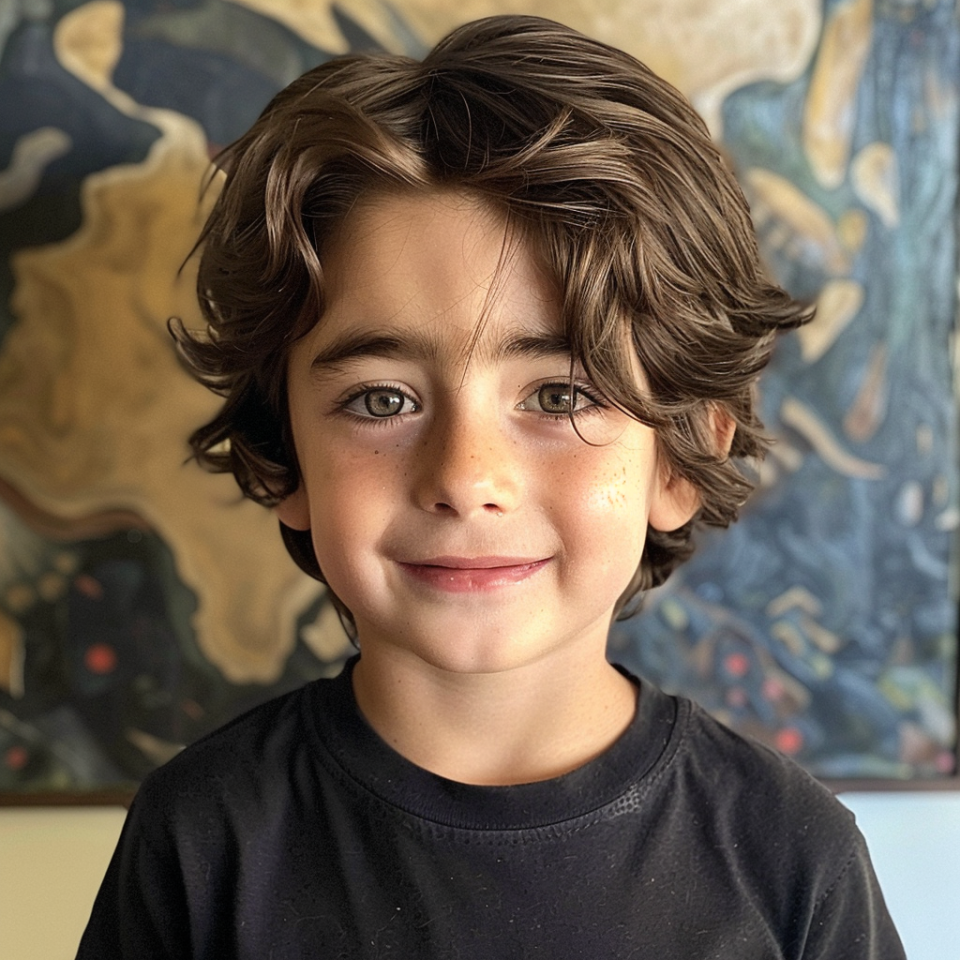 Child smiling at the camera with wavy hair, wearing a plain black t-shirt