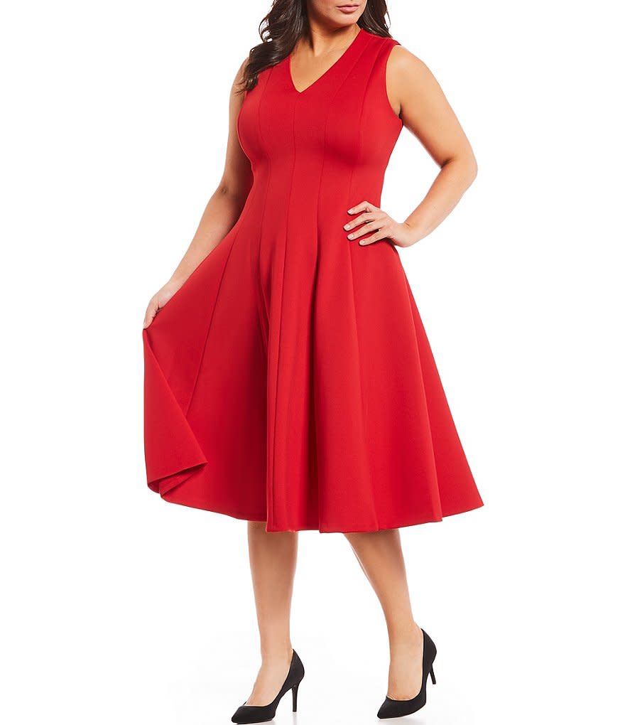 Calvin Klein V Neck Midi Fit and Flare Dress (Photo: Dillard’s)