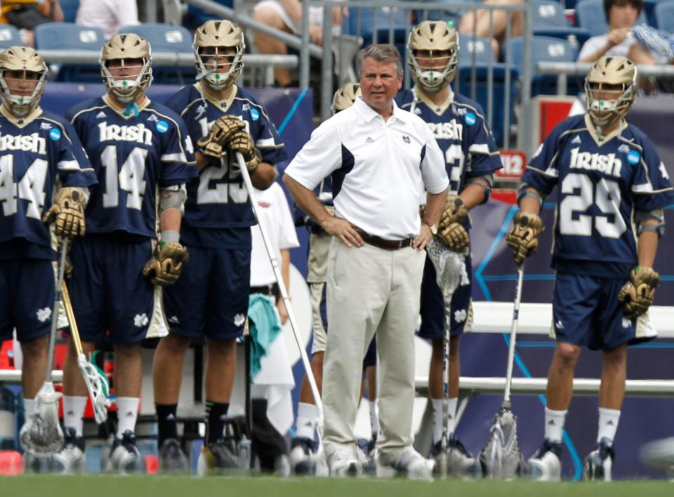 FOXBORO, MA - MAY 26:  Head coach Kevin Corrigan of the Notre Dame Fighting Irish during the first half of a semifinal game of the 2012 NCAA Division I Men's Lacrosse Championships against Loyola Greyhounds at Gillette Stadium on May 26, 2012 in Foxboro, Massachusetts.  (Photo by Winslow Townson/Getty Images)