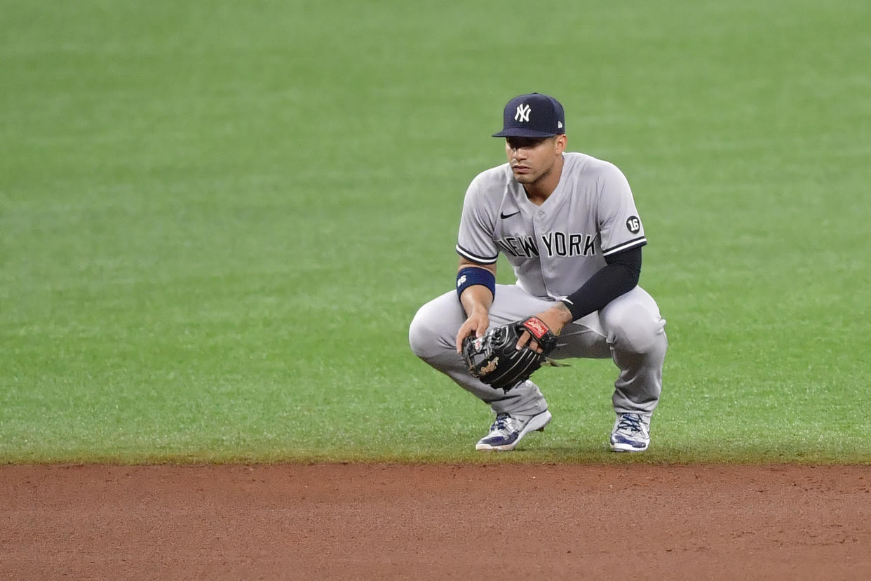 ST PETERSBURG, FLORIDA - MAY 11: Gleyber Torres #25 of the New York Yankees looks on during the fourth inning against the Tampa Bay Rays at Tropicana Field on May 11, 2021 in St Petersburg, Florida. (Photo by Douglas P. DeFelice/Getty Images)