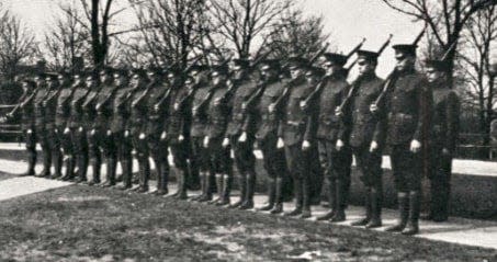 ROTC cadets perform a drill at the University of Akron in 1923.