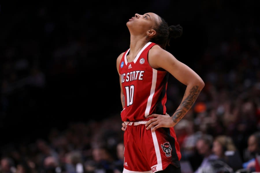 North Carolina State guard Aziaha James reacts during the second half of the team’s Elite Eight college basketball game against Texas in the women’s NCAA Tournament, Sunday, March 31, 2024, in Portland, Ore. (AP Photo/Howard Lao)