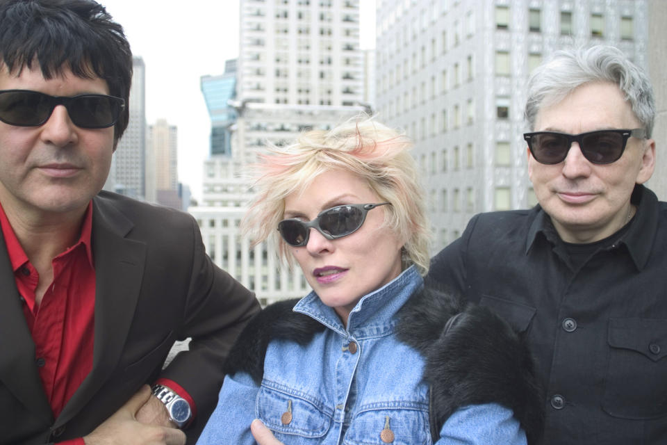 FILE - Clem Burke, from left, Deborah Harry and Chris Stein, members of the rock group Blondie, pose for a photo in New York, on April 8, 2004. The band is releasing a box set “Blondie: Against the Odds, 1974-1982,” with 124 tracks and 36 previously unissued recordings, demos, outtakes and Blondie’s initial six studio albums. (AP Photo/Justin Walters, File)