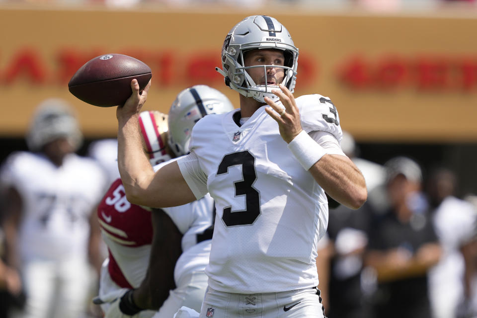 Las Vegas Raiders quarterback Nathan Peterman (3) passes against the San Francisco 49ers during the first half of an NFL preseason football game in Santa Clara, Calif., Sunday, Aug. 29, 2021. (AP Photo/Tony Avelar)