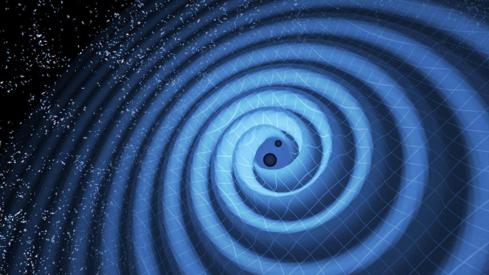 An artists illustration of two black holes circling around each other and colliding, 1.4 billion light years from Earth. The merger created ripples in spacetime called gravitational waves. LIGO detected those waves in Dec