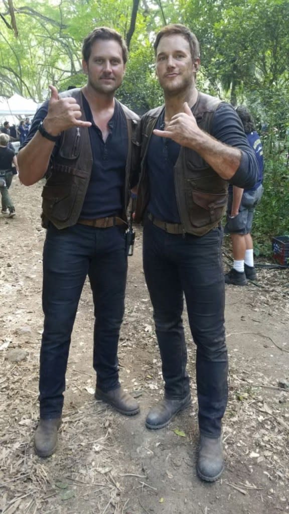 Tony McFarr and Chris Pratt on the set of “Jurassic World.” Chris Pratt / Instagram