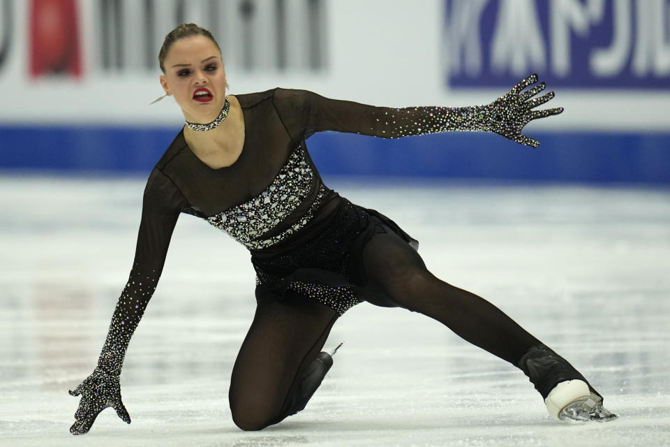 Silver medalist Belgium's Loena Hendrickx falls during her Free Skating routine in the Women's Final of the ISU Grand Prix of Figure Skating Final held in Beijing, Saturday, Dec. 9, 2023. (AP Photo/Ng Han Guan)