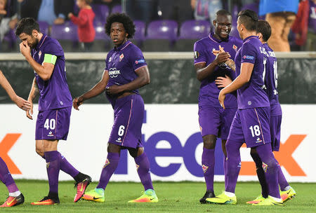 Football Soccer - Fiorentina v Qarabag - UEFA Europa League Group Stage - Group J - Florence, Italy - 29/09/16. Fiorentina's Khouma Babacar celebrates with his team mates. REUTERS/Alberto Lingria