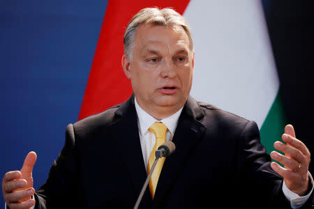 FILE PHOTO: Hungarian Prime Minister Viktor Orban speaks during a press conference in Budapest, Hungary, April 10, 2018. REUTERS/Bernadett Szabo/File Photo