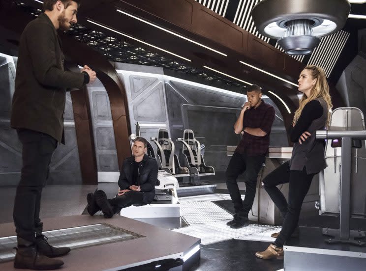 Arthur Darvill, Wentworth Miller, Franz Drameh, and Caity Lotz in ‘Legends of Tomorrow’ (Credit: Cate Cameron/The CW)