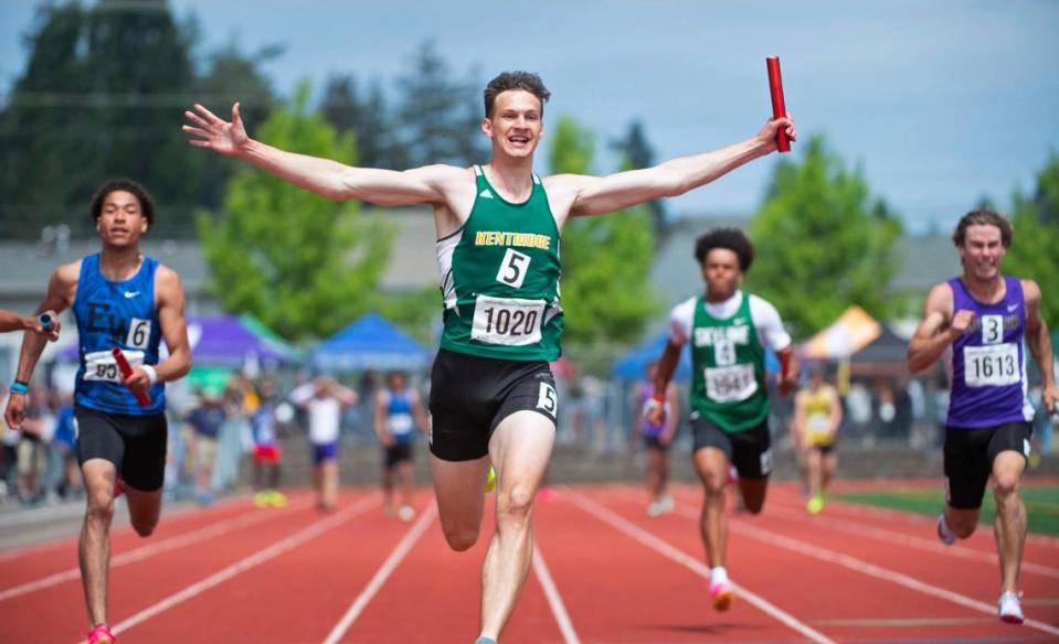 Kentwood’s Alex Conner celebrates as he brings home the state title for his team in the 4A boys 4x100 relay during the final day of the WIAA state track and field championships at Mount Tahoma High School in Tacoma, Washington, on Friday, May 26, 2023.