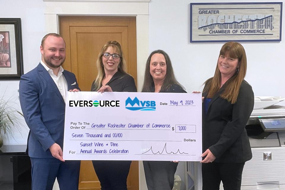 From left to right are Jeffrey Jackson, Eversource; Jolene
Whitehead, Meredith Village Savings Bank; Annual Banquet Committee Chair Anne Brown of Daystar, Inc. and Tanya Hervey, Greater Rochester Chamber of Commerce.