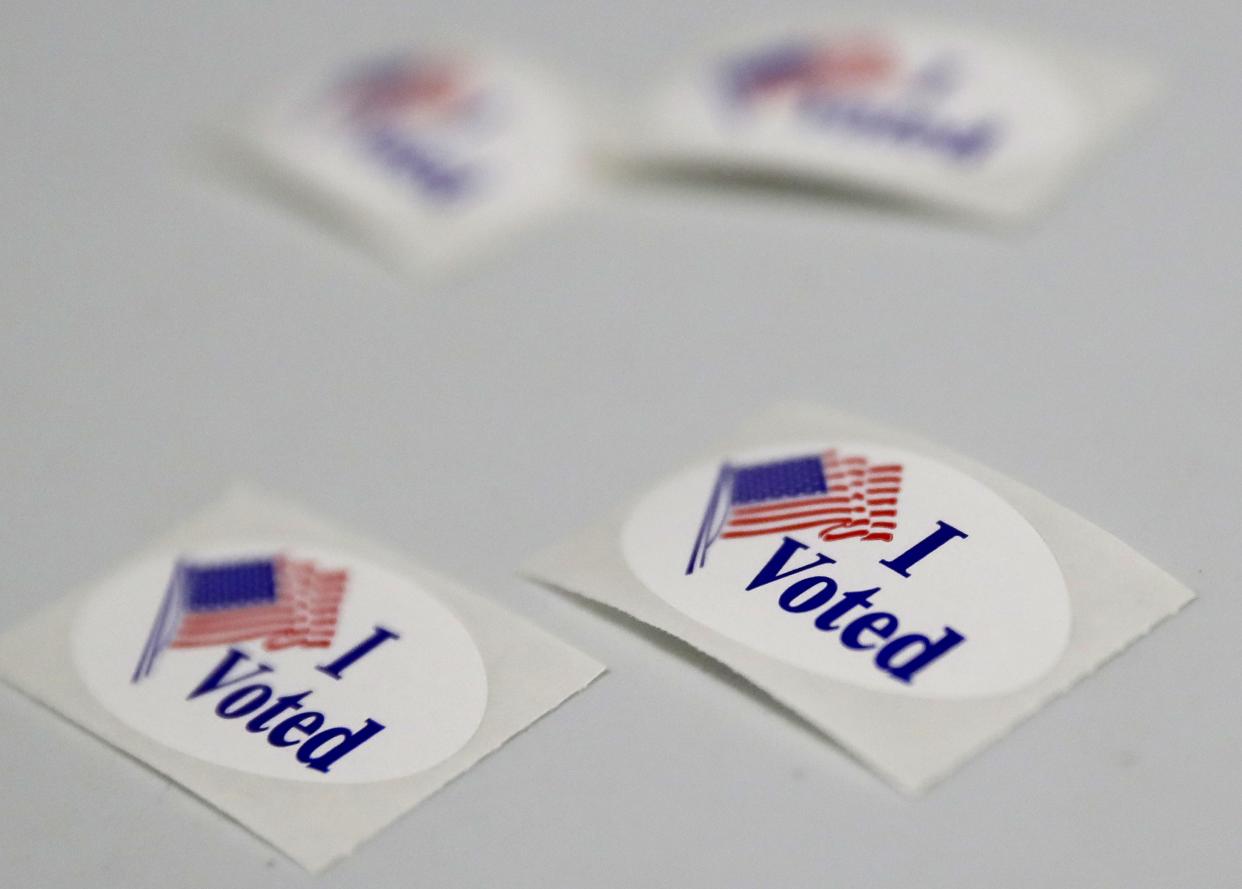 "I voted" stickers for residents are shown April 4, 2023, at the Sunnyview Christian Church polling station in Oshkosh, Wis.