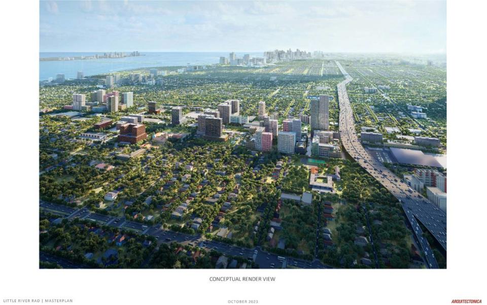 Una representación conceptual muestra el aspecto que podría tener, una vez finalizado, un proyecto de reurbanización de casi una milla de longitud en los vecindarios de Little River y el Pequeño Haití en Miami. A la derecha se ve Interstate 95, con el downtown Miami al fondo.