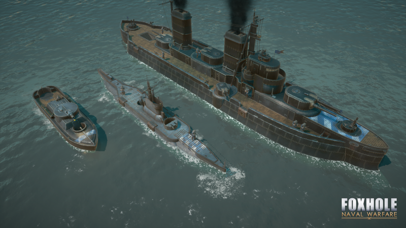  Image of gunboat, submarine, and battleship from the game Foxhole's Naval Warfare update. 