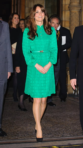 <div class="caption-credit">Photo by: Getty</div>Kate's <a href="http://shine.yahoo.com/the-thread-style-crush/kate-middleton-gets-bangs-dresses-princess-diana-172700704.html" data-ylk="slk:green Mulberry dress;elm:context_link;itc:0;sec:content-canvas;outcm:mb_qualified_link;_E:mb_qualified_link;ct:story;" class="link  yahoo-link">green Mulberry dress</a> was remarkably similar to one worn by Princess Diana, reigniting comparisons between the two women. <br>