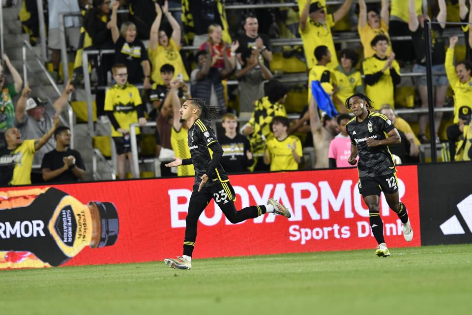 Oct 5, 2024; Columbus, Ohio, USA; Columbus Crew defender Mohamed Farsi (23) scores a goal during the first half of the of the Major League Soccer match between the Columbus Crew and the Philadelphia Union at Lower.com Field. Mandatory Credit: Matt Lunsford-Imagn Images