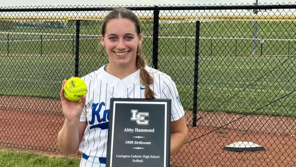 Lexington Catholic’s Abby Hammond hit a home run in the Knights’ 1-0 win over South Warren and also marked the 1,000th strikeout of her career against the Spartans in the Lafayette Five Star General Tournament at Great Crossing Park in Georgetown on Saturday. Jared Peck/jpeck@herald-leader.com