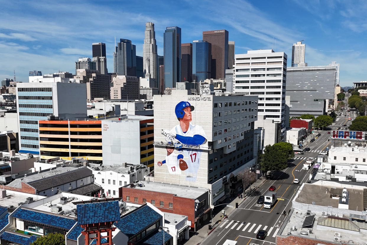 A mural of Shohei Ohtani on the Miyako Hotel in the Little Tokyo district in Los Angeles (Kirby Lee/Getty Images)