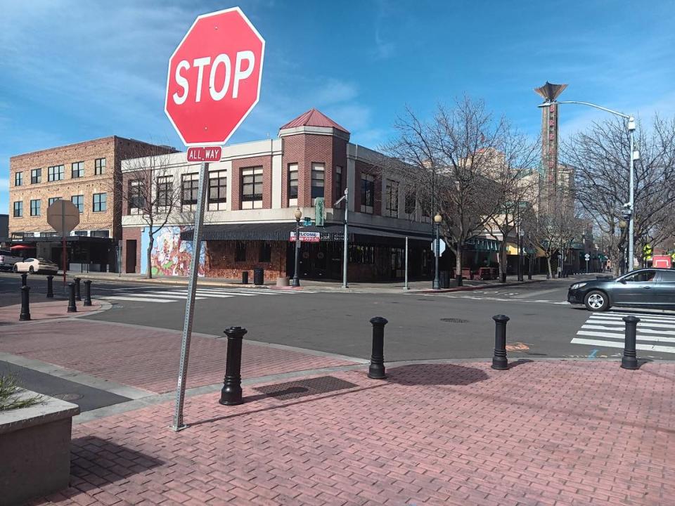 The intersection of 10th and J streets in downtown Modesto is pictured Monday, March 4, 2024.
