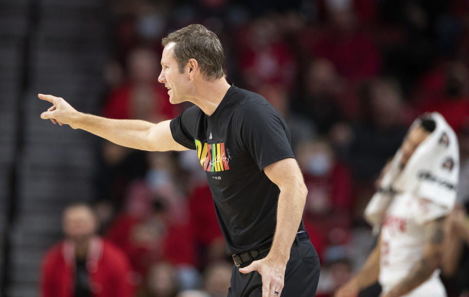 Nebraska head coach Fred Hoiberg reacts to a play against Indiana during the first half of an NCAA college basketball game, Monday, Jan. 17, 2022, in Lincoln, Neb. (AP Photo/Rebecca S. Gratz)