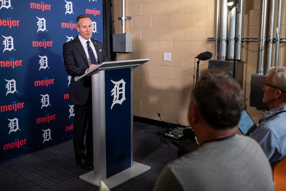 Detroit Tigers owner Christopher Ilitch speaks at a press conference at Comerica Park in Detroit after the firing of general manager Al Avila Wednesday, August 10, 2022.