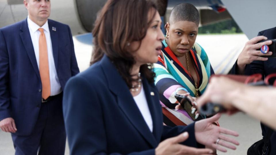 U.S. Vice President Kamala Harris speaks to members of the press as her press secretary Symone D. Sanders looks on at Greenville-Spartanburg International Airport before she boards Air Force Two to return to Washington, DC, June 14, 2021 in Greer, South Carolina. (Photo by Alex Wong/Getty Images)
