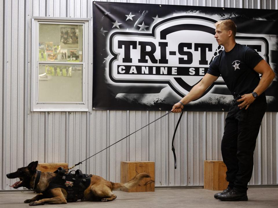 A police officer holds an attack dog by the leash as the dog strains against the leash.