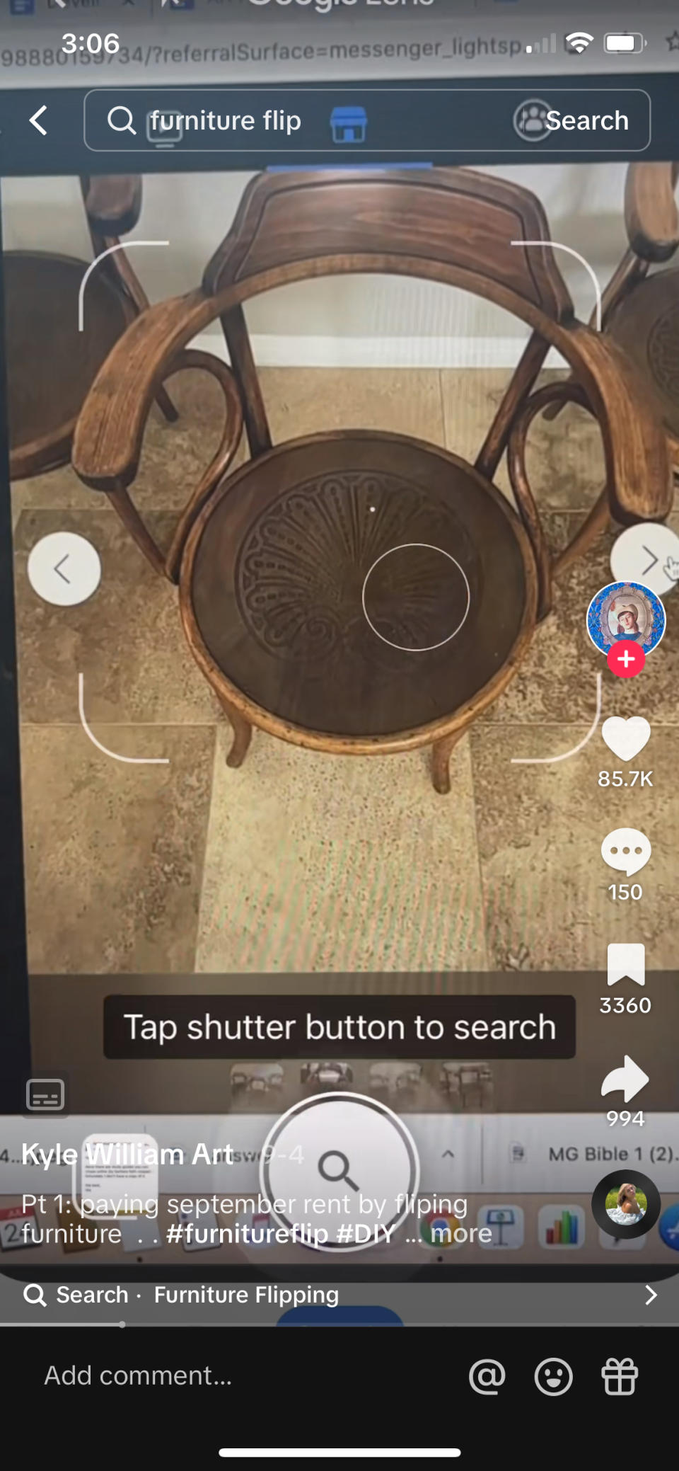 kyle taking a picture of a chair to run through google lens