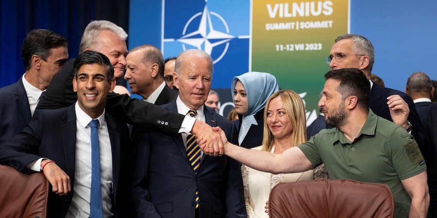 AT THE EPICENTER OF EVENTS: At the Vilnius summit, President Volodymyr Zelenskyy was actually the main guest (pictured here standing in front of NATO Secretary General Jens Stoltenberg, next to Italian Prime Minister Giorgia Meloni, US President Joe Biden and British Prime Minister Rishi Sunak).