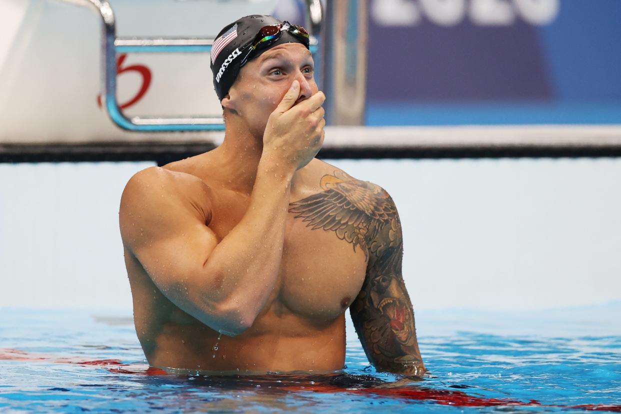  Caeleb Dressel of Team United States reacts after winning the gold medal in the Men's 100m Freestyle Final on day six of the Tokyo 2020 Olympic Games at Tokyo Aquatics Centre on July 29, 2021 in Tokyo, Japan. (Getty Images)