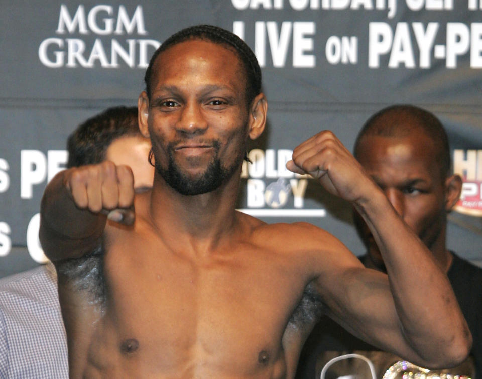 Leavander Johnson of Atlantic City, New Jersey attends an official weigh-in at the MGM Grand Garden Arena in Las Vegas, Nevada September 16, 2005. Johnson was fighting for his life after losing his world lightweight title in an 11th round technical KO of Jesus Chavez at the MGM Grand Arena September 17, 2005. Johnson complained of a headache after referee Tony Weeks stopped the knockouts 38 seconds into the 11th round.  He collapsed in his dressing room before being taken to University Medical Center where Dr Bill Smith was operating on his brain to try and stop the bleeding from his left side.  Picture taken September 16, 2005. REUTERS/Steve Marcus SM/NL