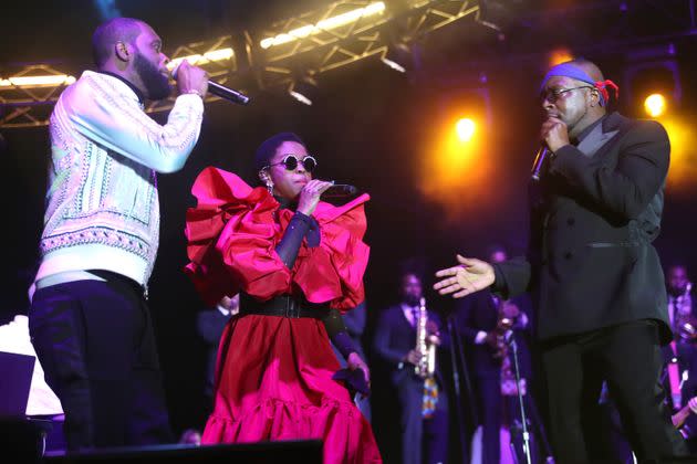 Pras Michel, Lauryn Hill and Wyclef Jean of The Fugees perform at Global Citizen Live on Sept. 22, 2021, in New York City. (Photo: Johnny Nunez via Getty Images)