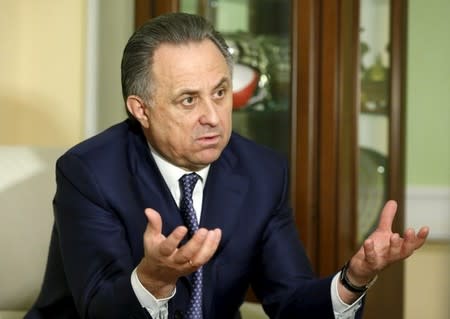 Russian Sports Minister Vitaly Mutko gestures during an interview with Reuters in Moscow, Russia, March 11, 2016. REUTERS/Maxim Zmeyev