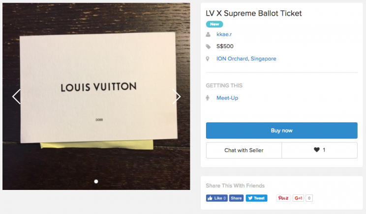 Ballot tickets needed to purchase items from the Louis Vuitton and Supreme collaboration are being sold on Carousell. (Photo: Carousell Screen grab)