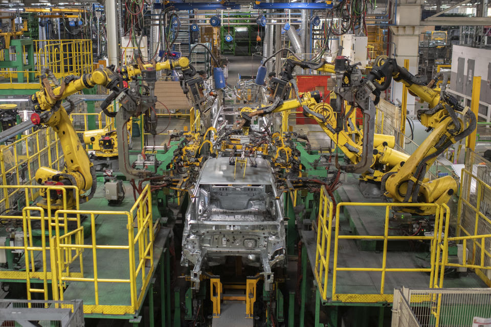 Cars are placed on a production line inside Renault factory outside of Tangier, Morocco, Monday, April 29, 2024. Morocco has grown its automotive industry from virtually non-existent to Africa’s largest in less than two decades. The North African kingdom supplies more cars to Europe than China, India or Japan, and has the capacity to produce 700,000 vehicles a year. (AP Photo)
