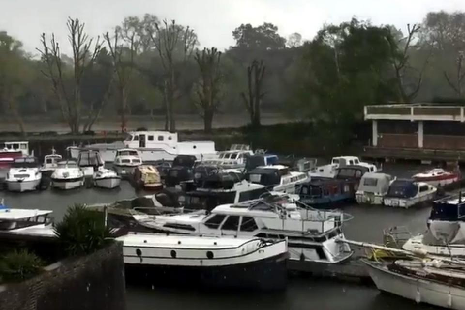 Wintry weather: Hail over Brentford Dock: @brentford_dock