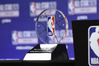 The NBA All-Star Game Kobe Bryant MVP Award is displayed during a news conference Saturday, Feb. 15, 2020, in Chicago. (AP Photo/David Banks)