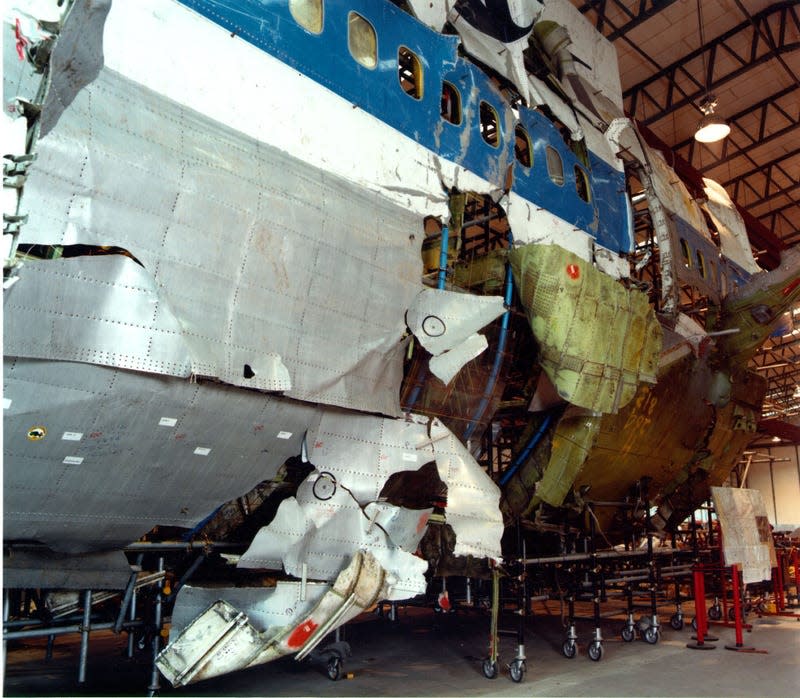 The “Shatter Zone” Portion Of The Reconstructed Fuselage Of Pan Am Flight 103, Which Exploded Over Lockerbie In 1988 Is On Display January 31, 2001 In Edinburgh, Scotland. 