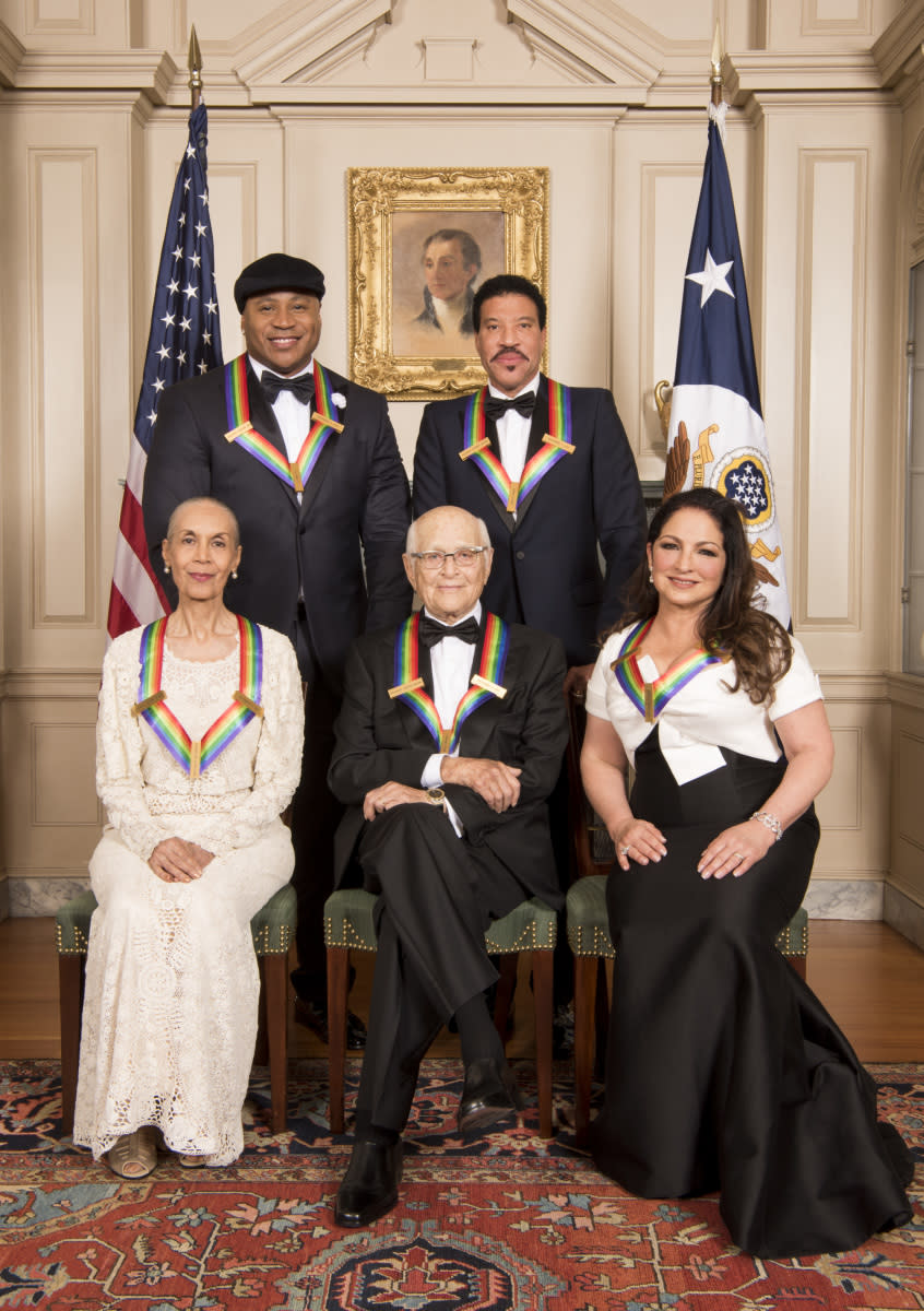 This year’s Kennedy Center honorees, from left: dancer Carmen de Lavallade, rapper and actor LL Cool J, television writer and producer Norman Lear, musician Lionel Richie, and singer-songwriter Gloria Estefan. (Photo: John P. Filo/CBS)